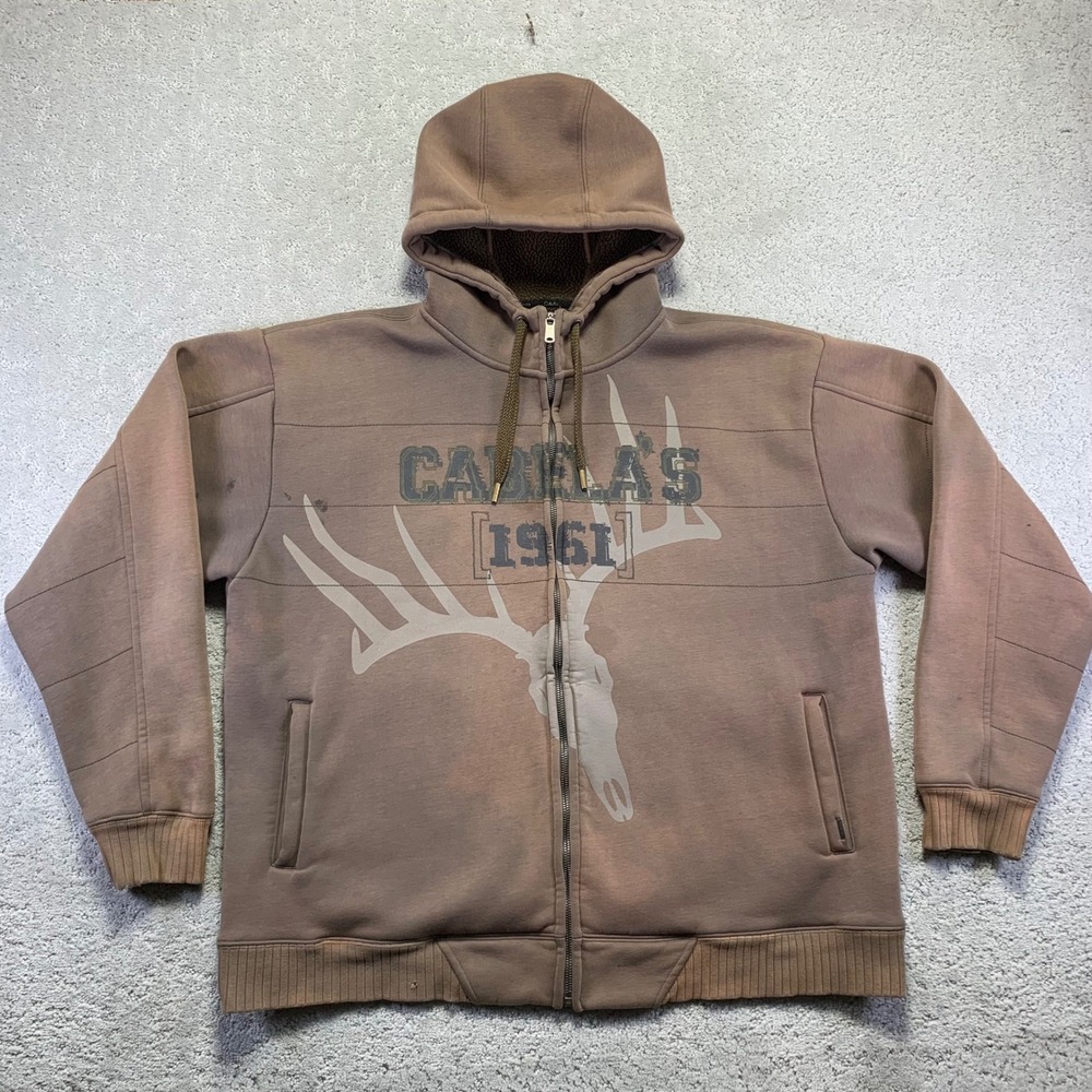 Cabelas Hoodie Mens XL Brown Sherpa Lined Zip Up Outdoor Faded Distressed Grunge